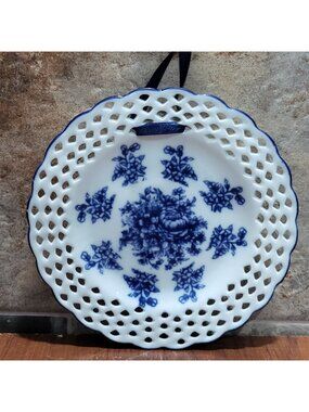 Decorative Plate Blue Floral White Reticulated Lattice Pierced Edge